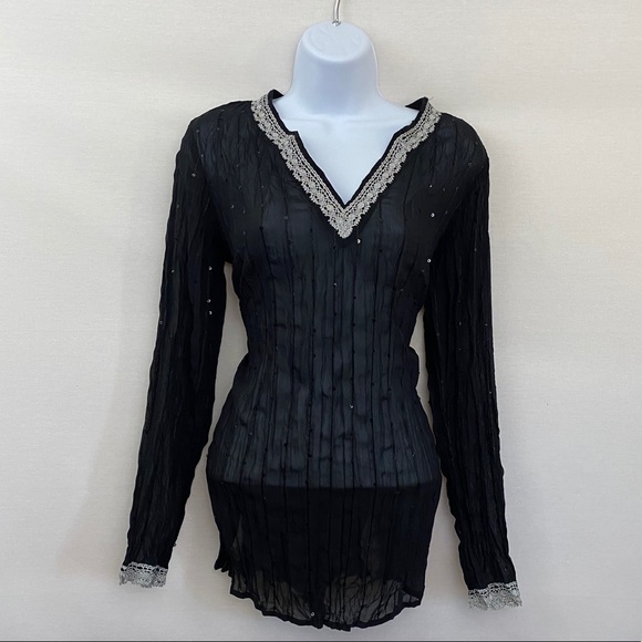 Notches Tops - Notches Sheer Sequin Embroidered Blouse Size S S75